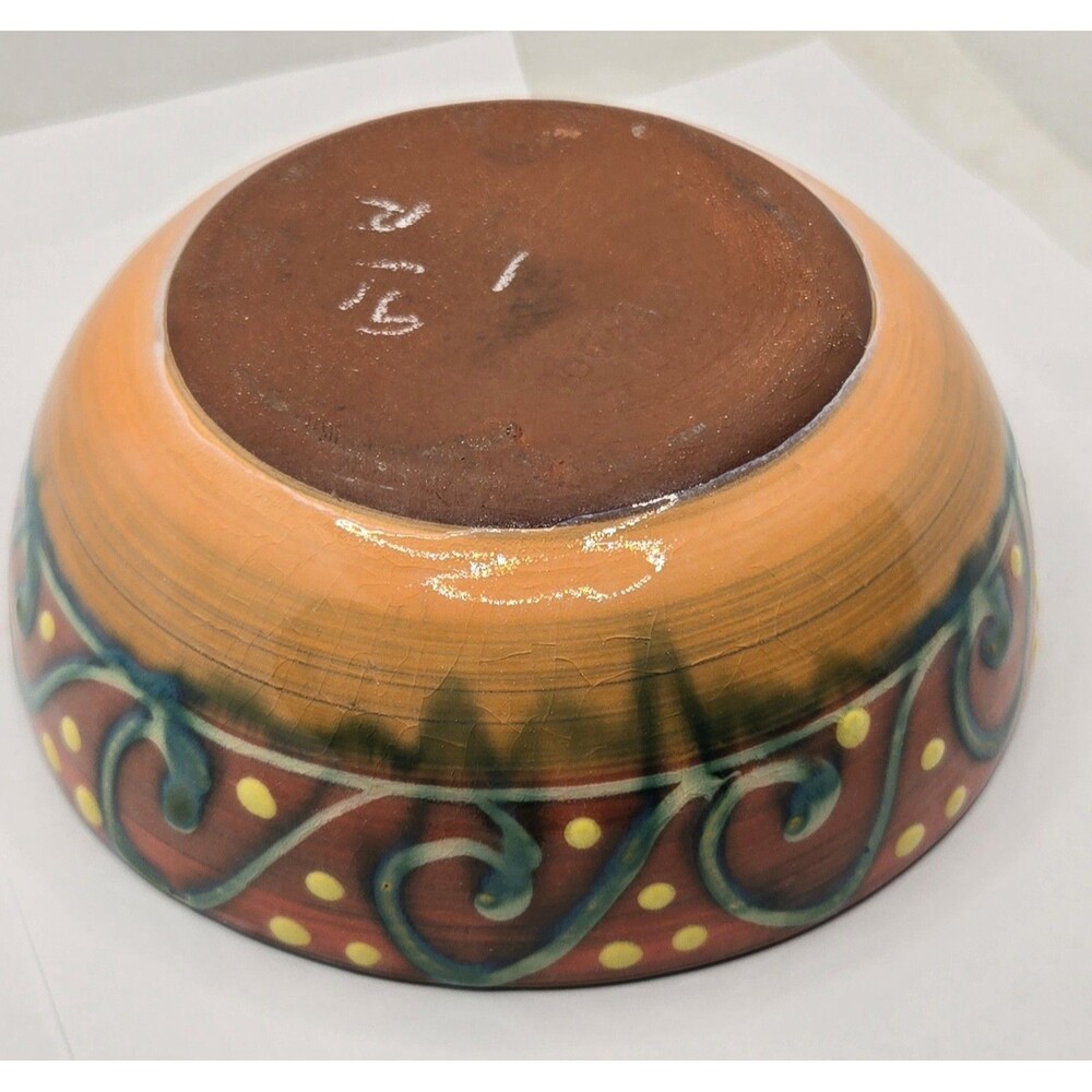 Earthworks Barbados Salad Bowl 6.5" Orange & Turquoise Stoneware Spiral Dot - Picture 4 of 13